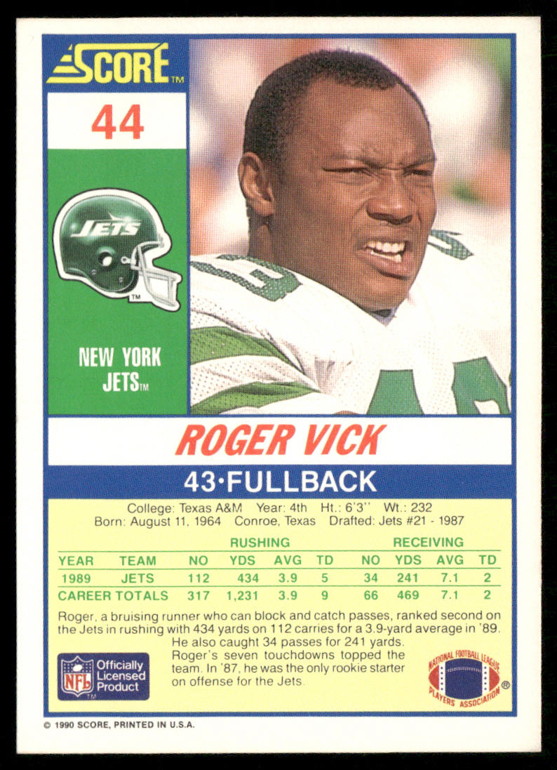 Roger Vick 1990 Score #44 New York Jets