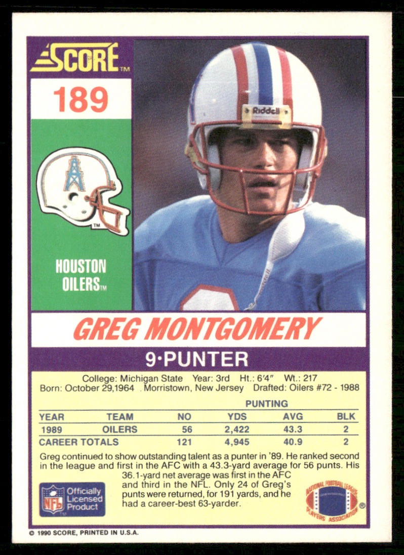 Greg Montgomery 1990 Score #189 RC Houston Oilers