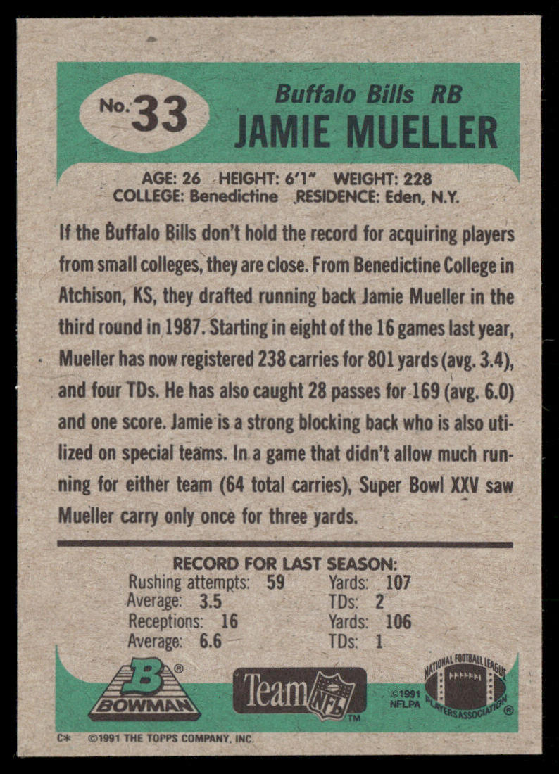 Jamie Mueller 1991 Bowman #33 Buffalo Bills