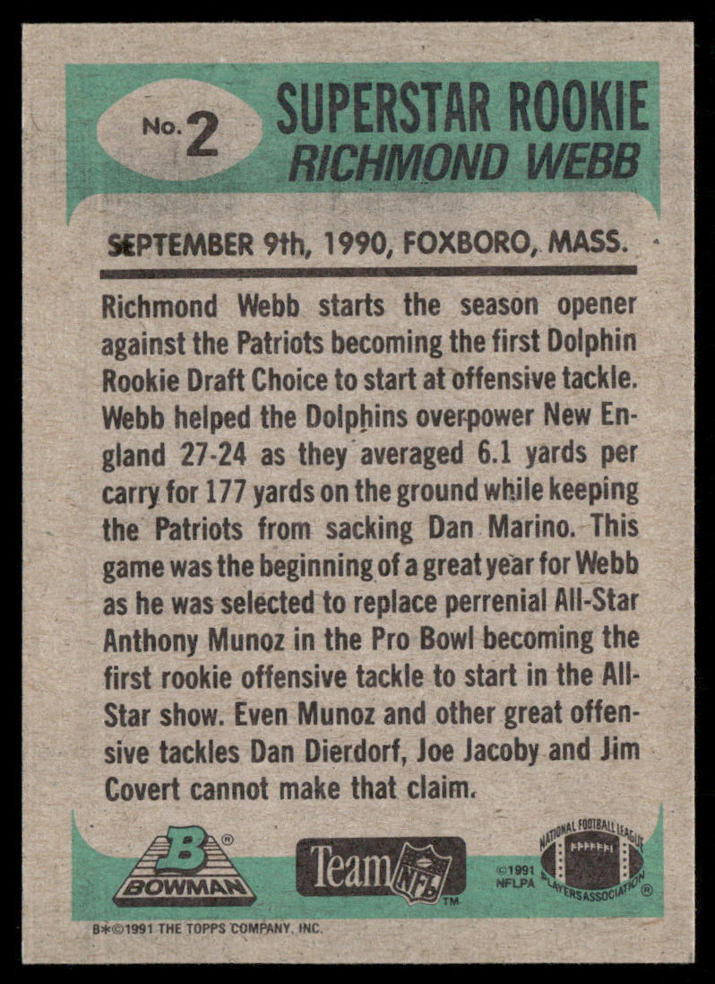 Richmond Webb 1991 Bowman #2b B* in copyright on back Miami Dolphins