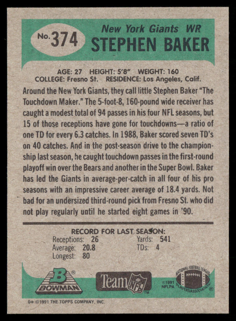 Stephen Baker 1991 Bowman #374 New York Giants