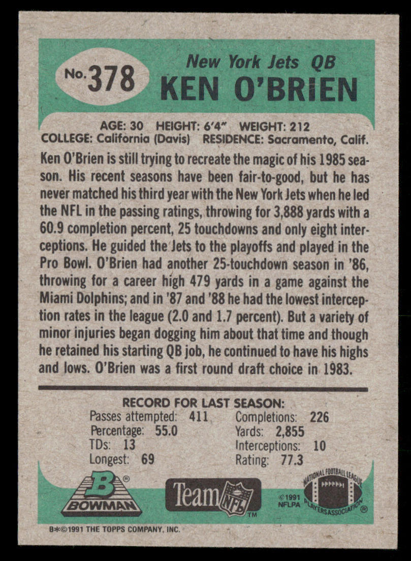 Ken O'Brien 1991 Bowman #378 New York Jets