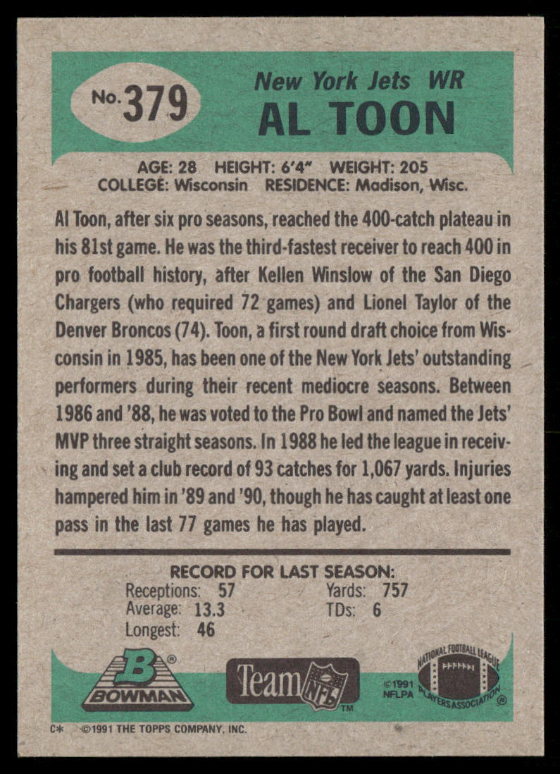 Al Toon 1991 Bowman #379 New York Jets