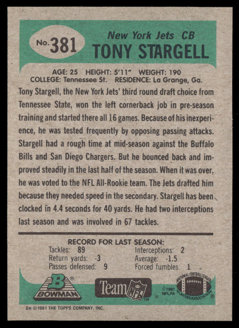 Tony Stargell 1991 Bowman #381 New York Jets