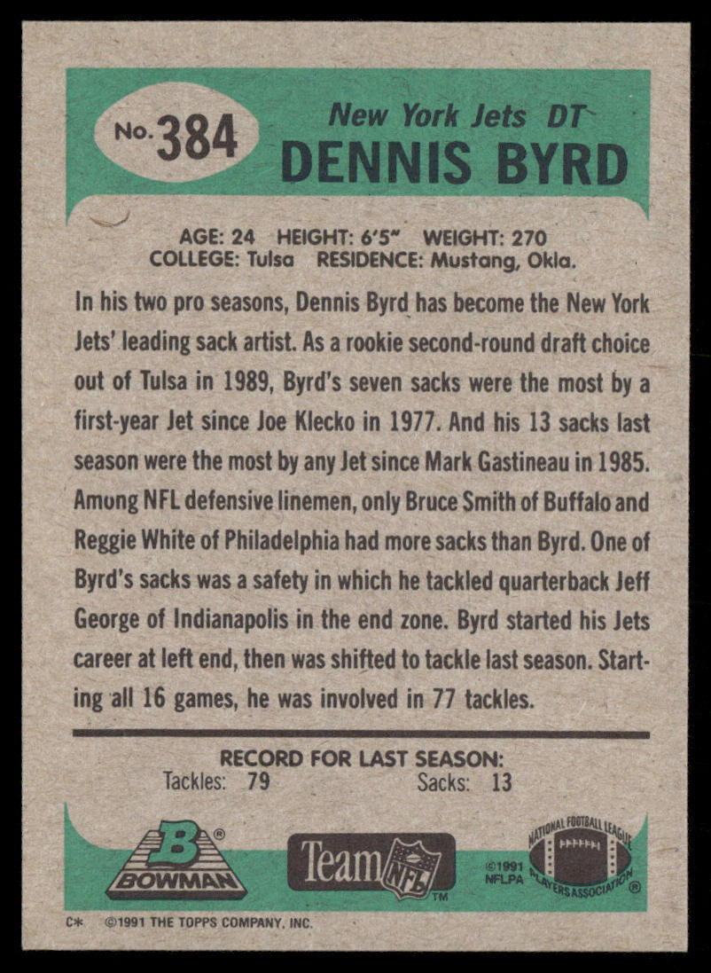 Dennis Byrd 1991 Bowman #384 New York Jets