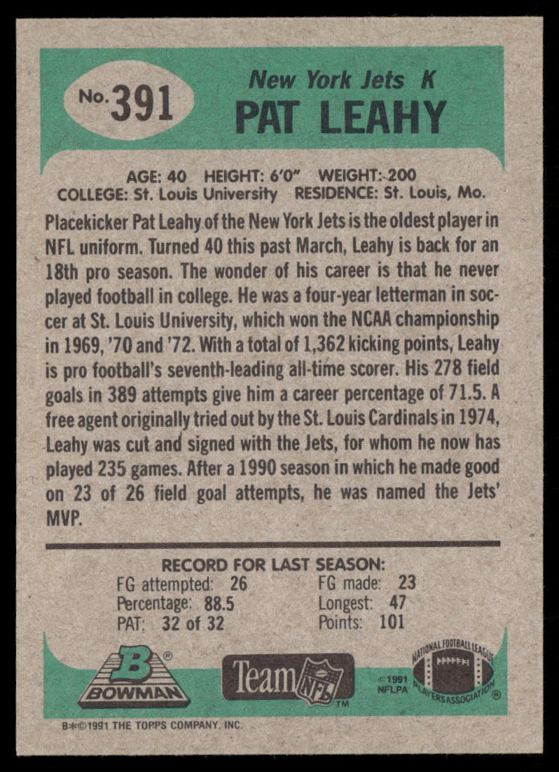 Pat Leahy 1991 Bowman #391 New York Jets