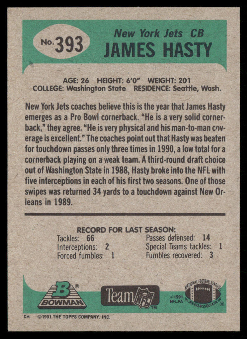 James Hasty 1991 Bowman #393 New York Jets