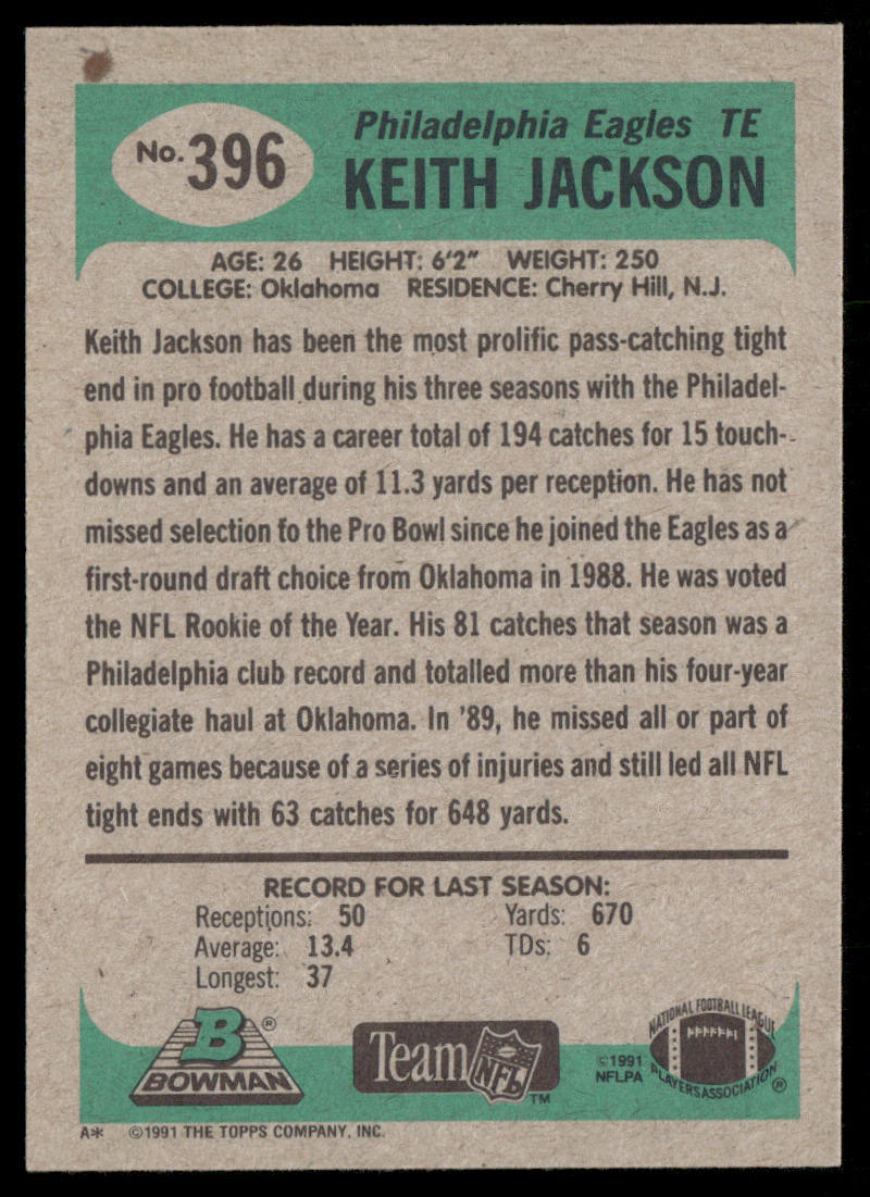 Keith Jackson 1991 Bowman #396 Philadelphia Eagles