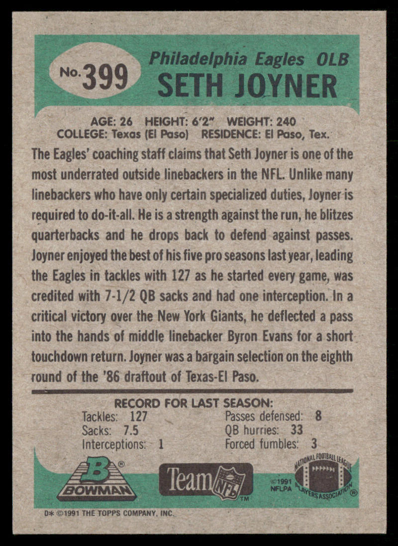 Seth Joyner 1991 Bowman #399 Philadelphia Eagles