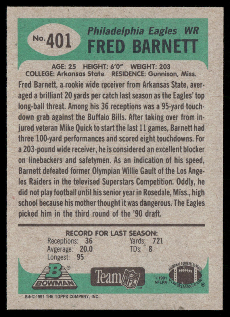 Fred Barnett 1991 Bowman #401 Philadelphia Eagles