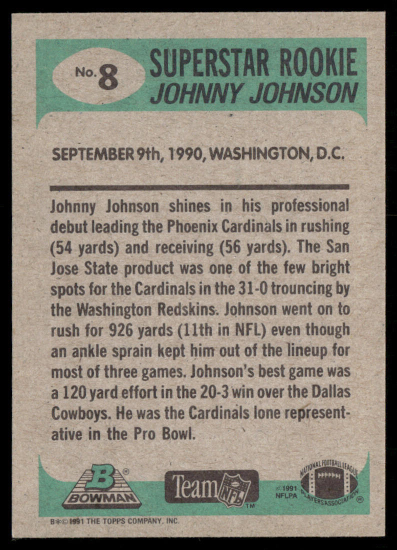 Johnny Johnson 1991 Bowman #8b B* in copyright on back Phoenix Cardinals