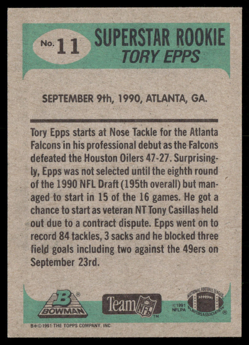 Tory Epps 1991 Bowman #11b B* in copyright on back Atlanta Falcons