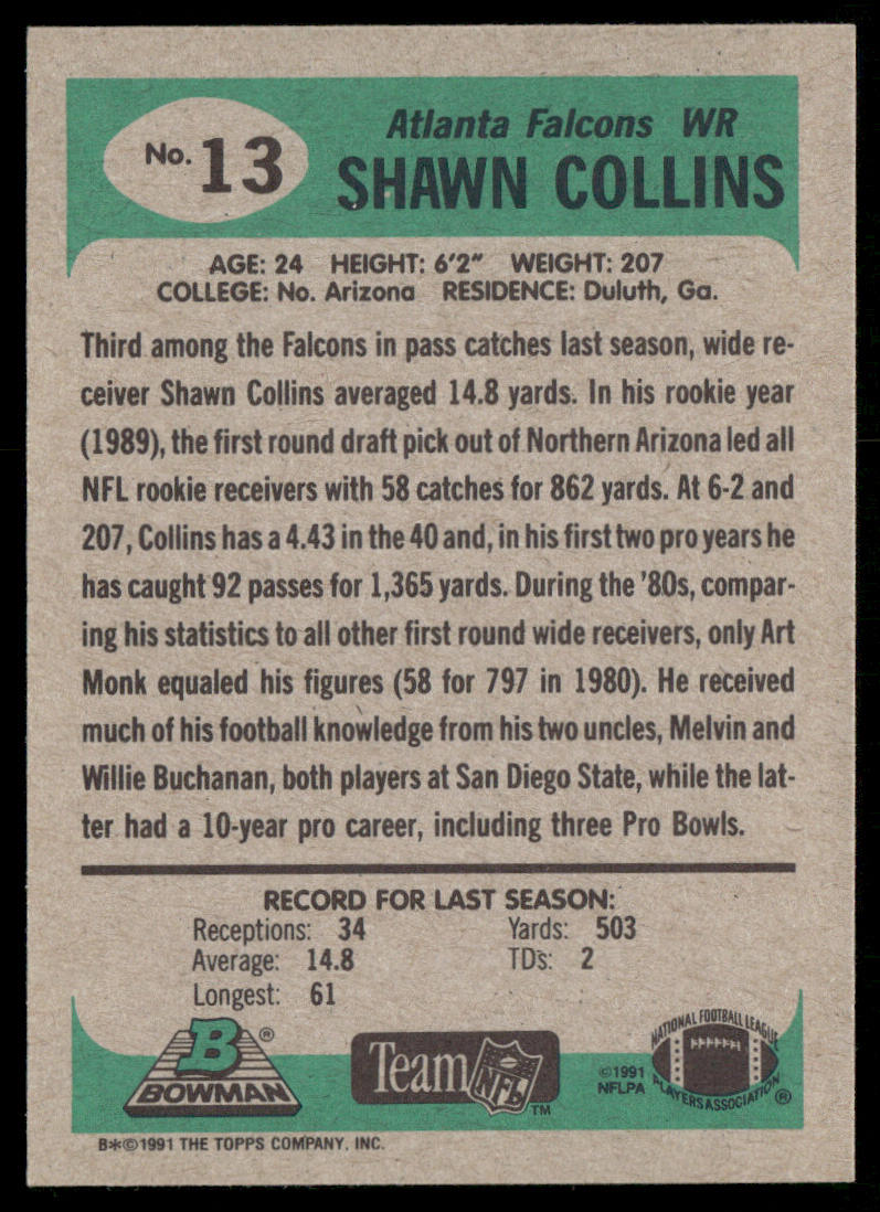 Shawn Collins 1991 Bowman #13 Atlanta Falcons