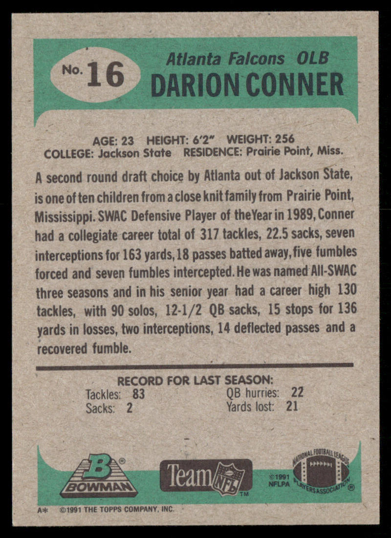 Darion Conner 1991 Bowman #16 Atlanta Falcons