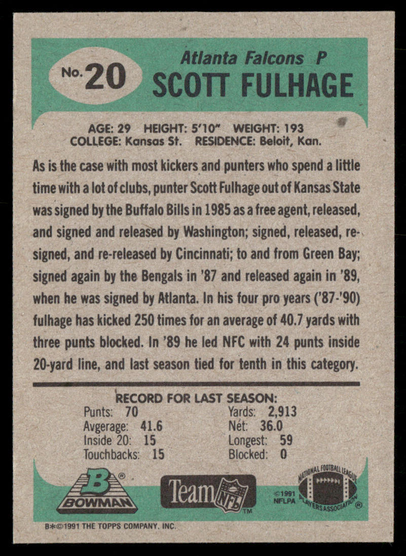 Scott Fulhage 1991 Bowman #20 Atlanta Falcons