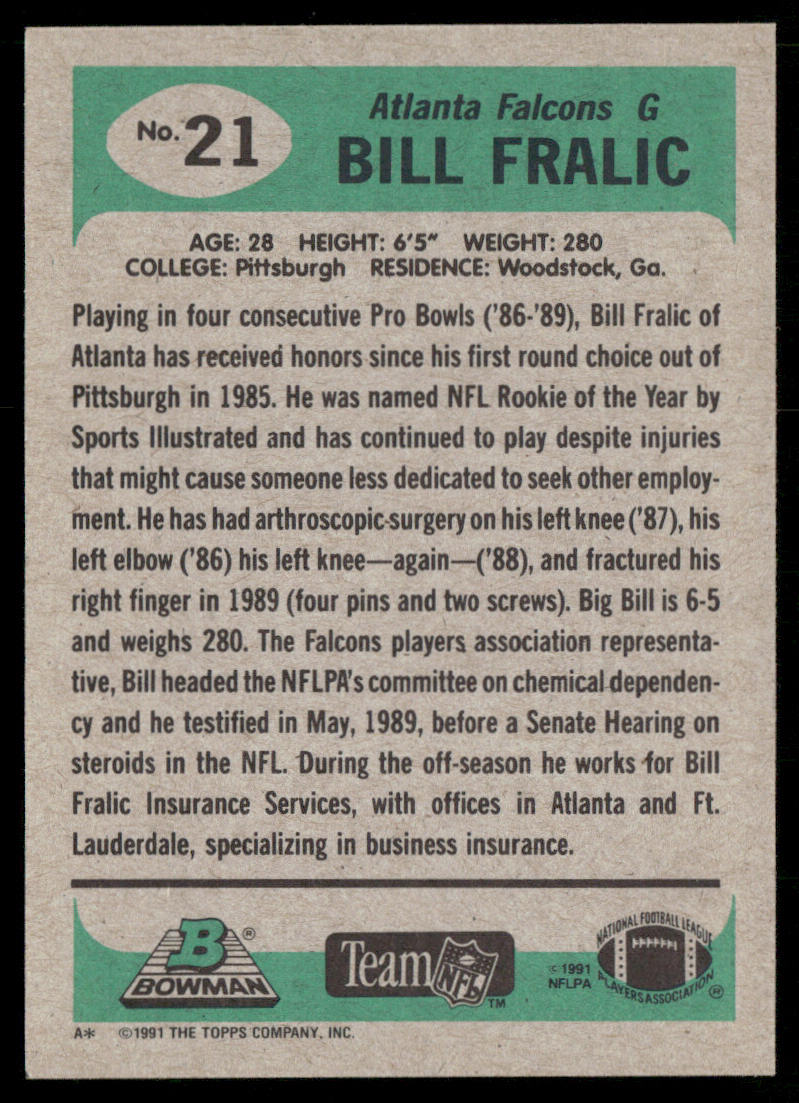Bill Fralic 1991 Bowman #21 Atlanta Falcons