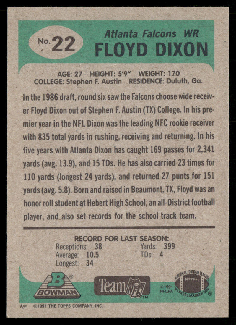 Floyd Dixon 1991 Bowman #22 Atlanta Falcons