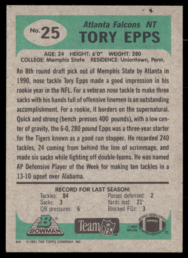 Tory Epps 1991 Bowman #25 Atlanta Falcons