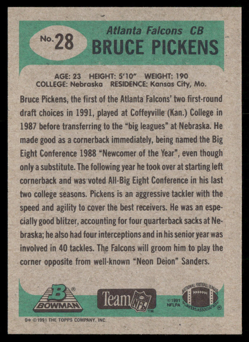 Bruce Pickens 1991 Bowman #28 RC Atlanta Falcons