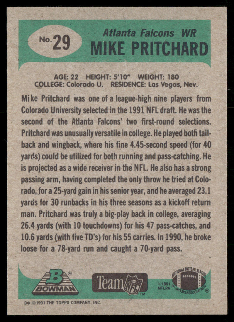 Mike Pritchard 1991 Bowman #29 RC Atlanta Falcons