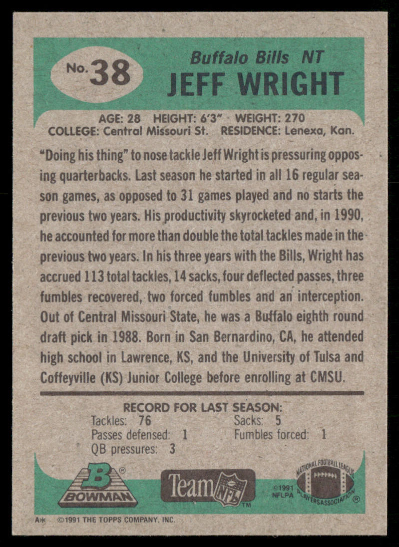 Jeff Wright 1991 Bowman #38 RC Buffalo Bills