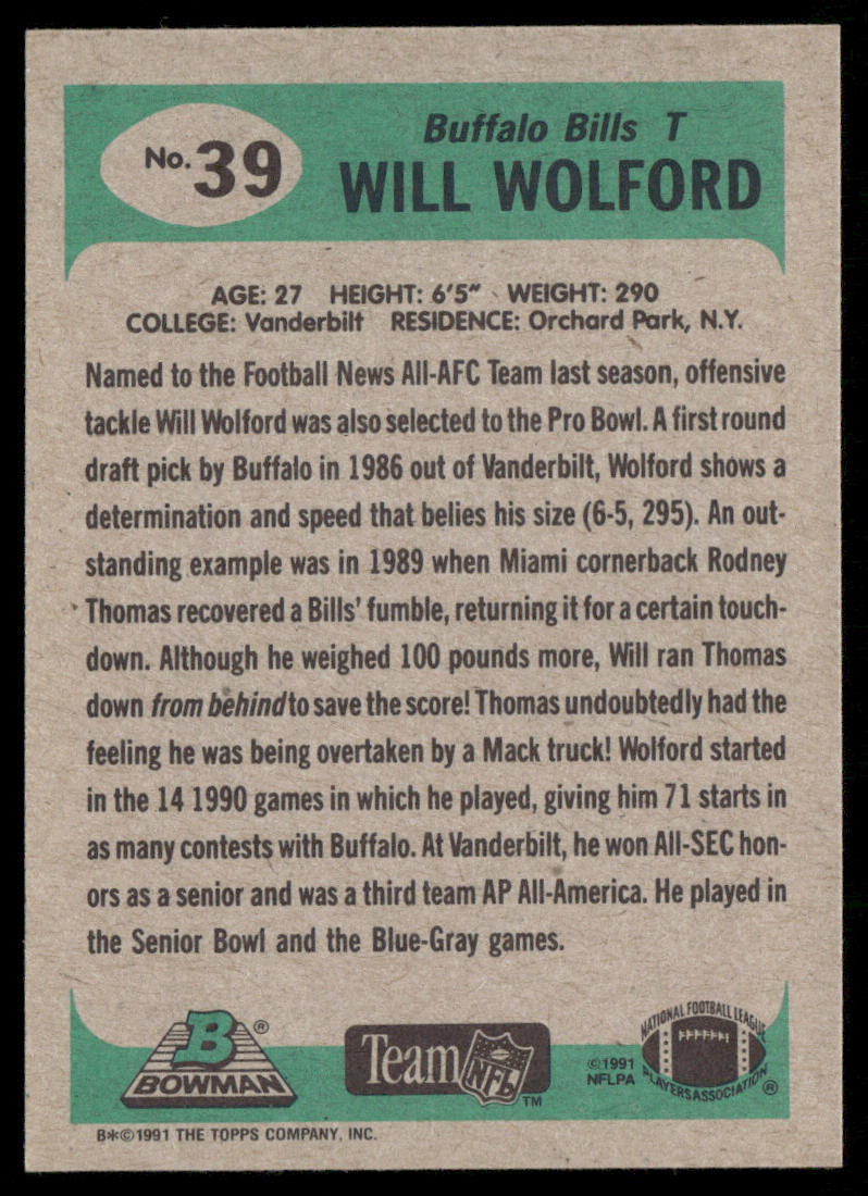 Will Wolford 1991 Bowman #39 Buffalo Bills