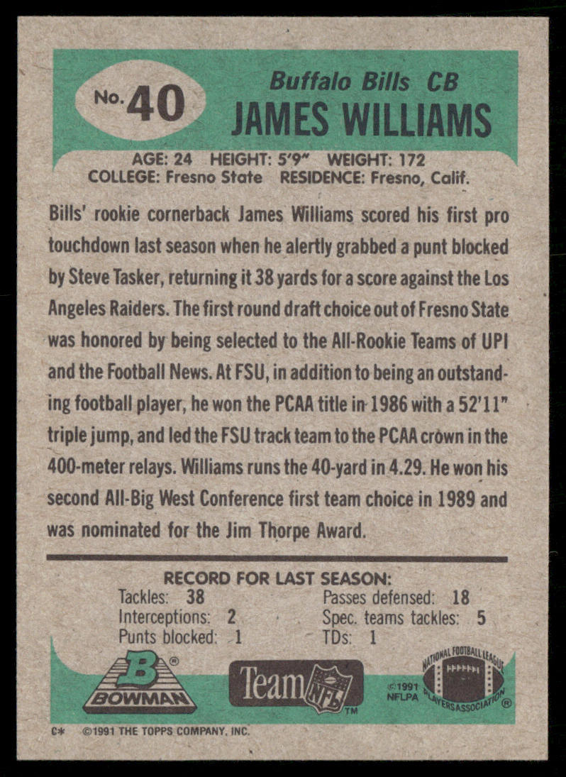 James Williams 1991 Bowman #40 Buffalo Bills