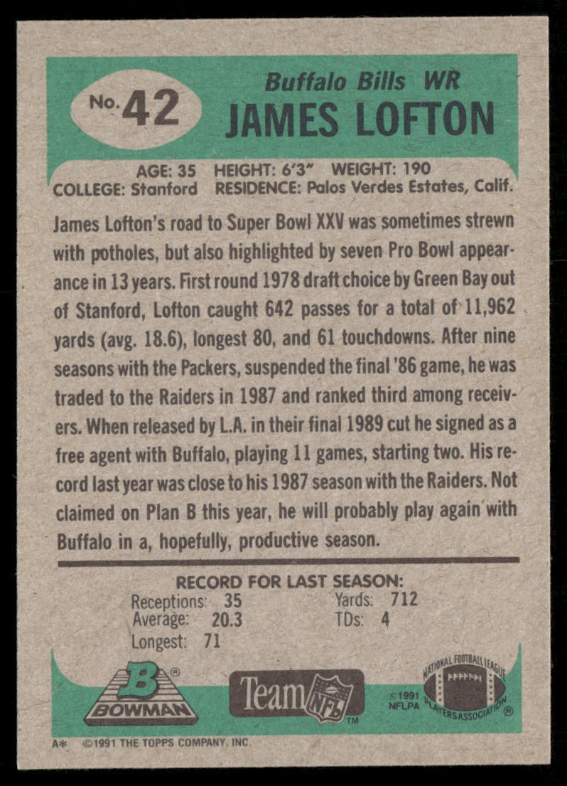 James Lofton 1991 Bowman #42 Buffalo Bills