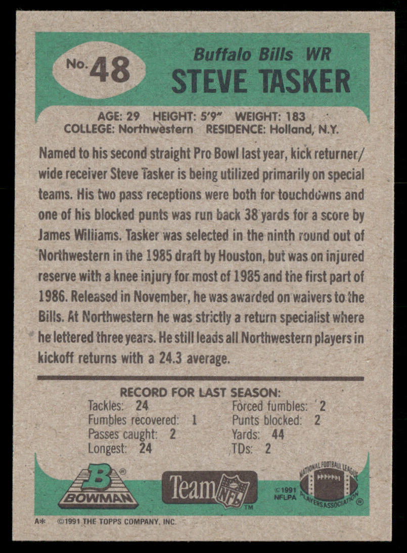 Steve Tasker 1991 Bowman #48 Buffalo Bills