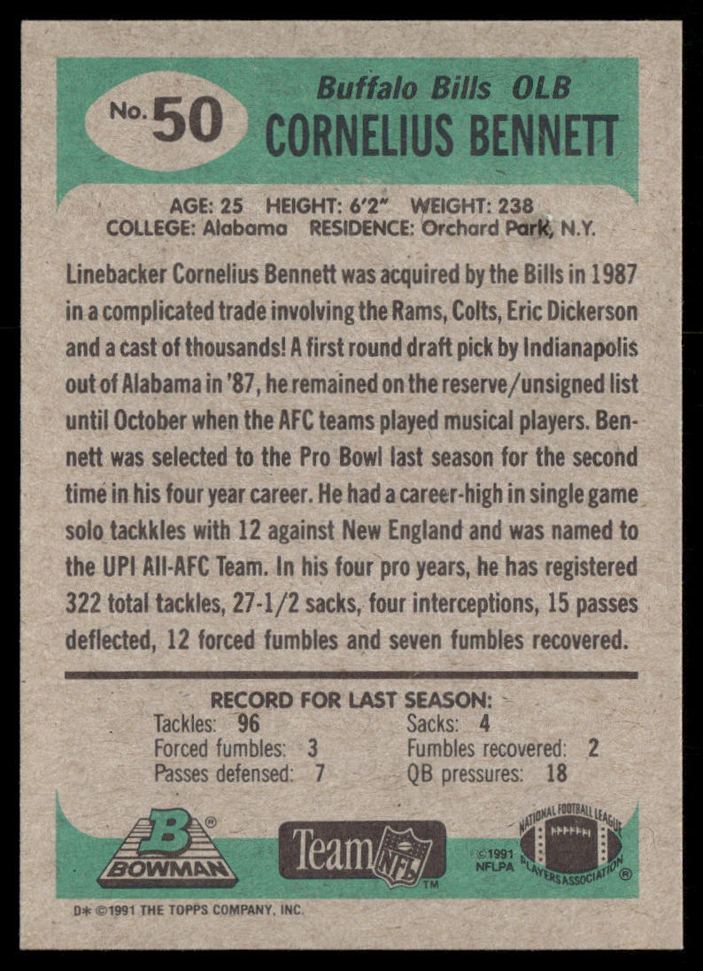 Cornelius Bennett 1991 Bowman #50 Buffalo Bills