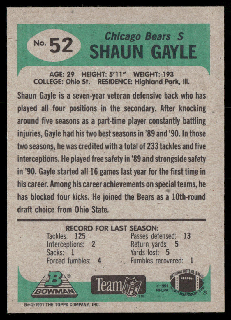 Shaun Gayle 1991 Bowman #52 Chicago Bears