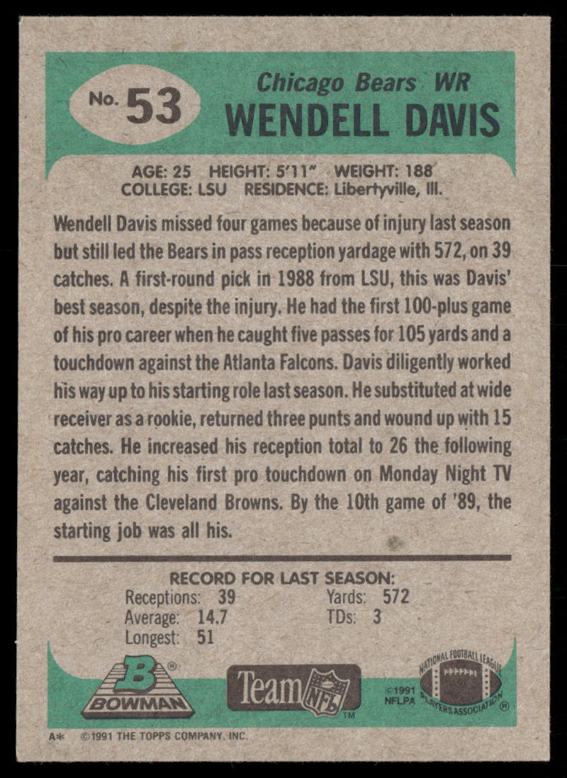 Wendell Davis 1991 Bowman #53 Chicago Bears