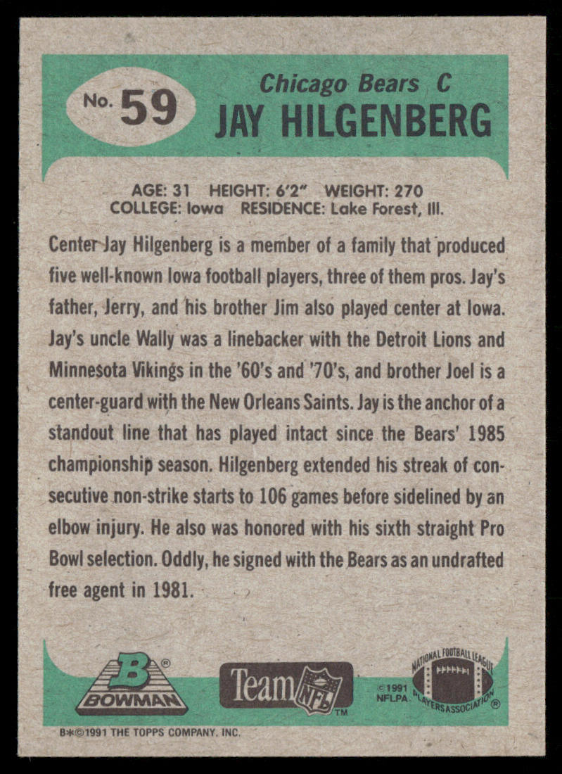 Jay Hilgenberg 1991 Bowman #59 Chicago Bears