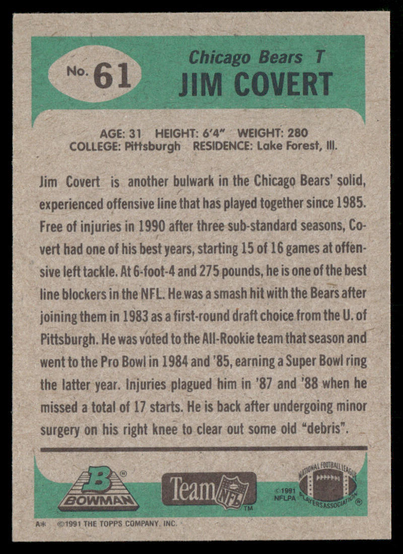 Jim Covert 1991 Bowman #61 Chicago Bears