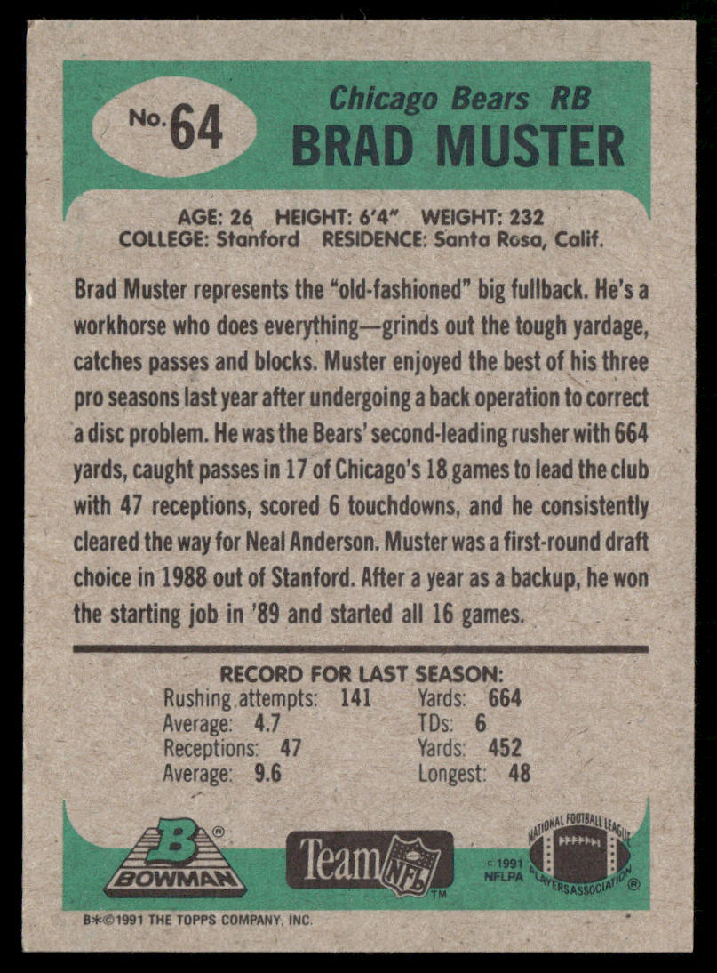Brad Muster 1991 Bowman #64 Chicago Bears