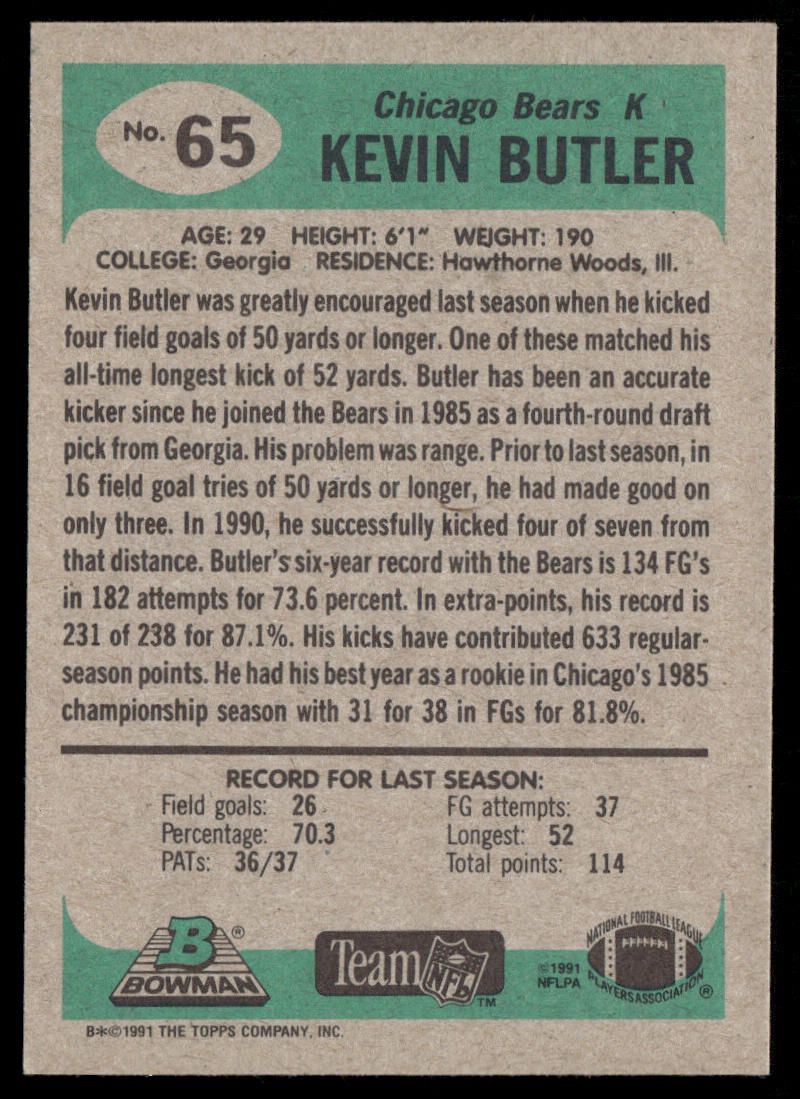Kevin Butler 1991 Bowman #65 Chicago Bears