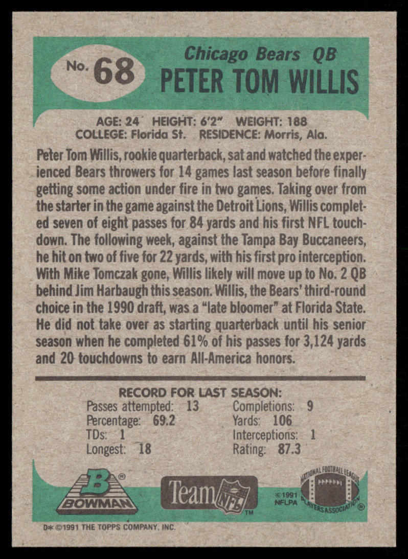 Peter Tom Willis 1991 Bowman #68 Chicago Bears