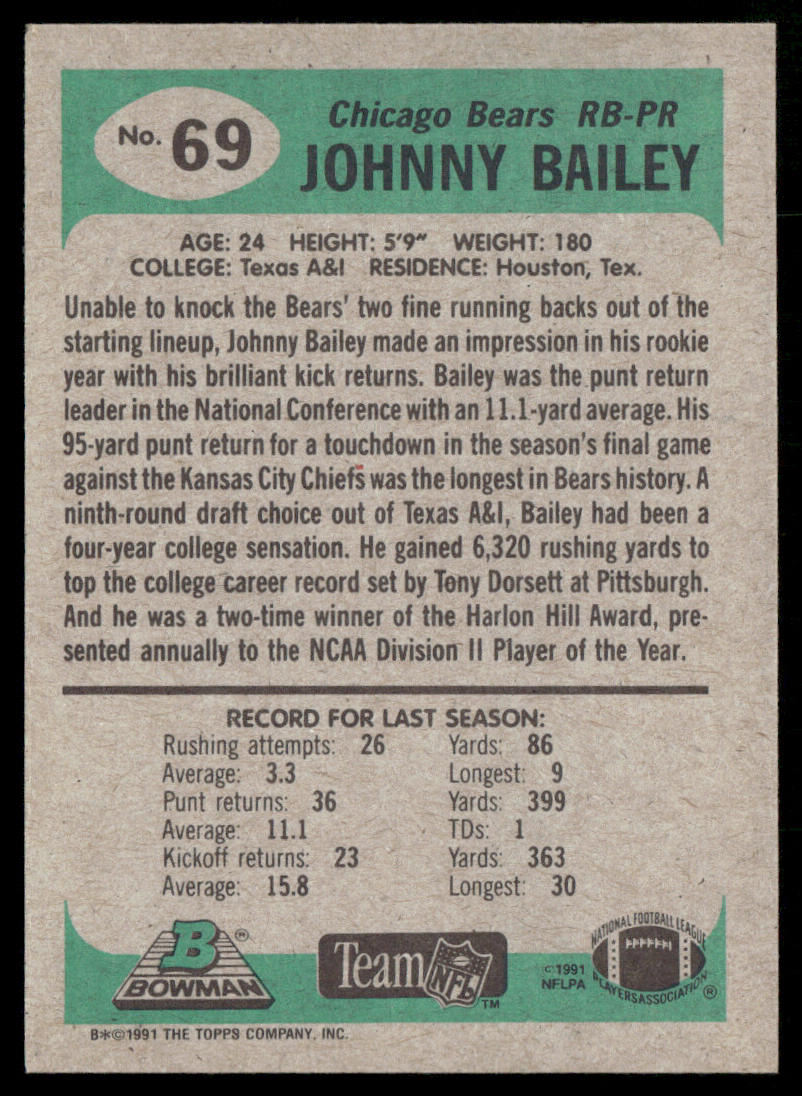 Johnny Bailey 1991 Bowman #69 Chicago Bears