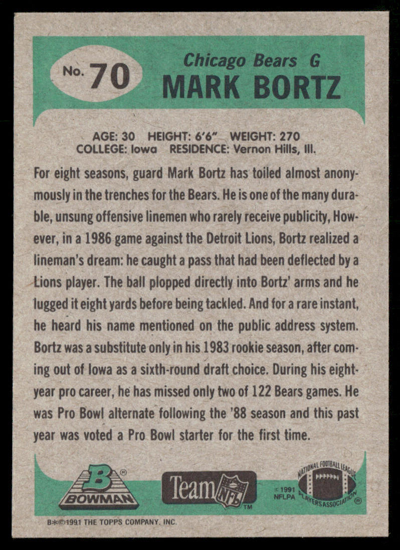 Mark Bortz 1991 Bowman #70 Chicago Bears