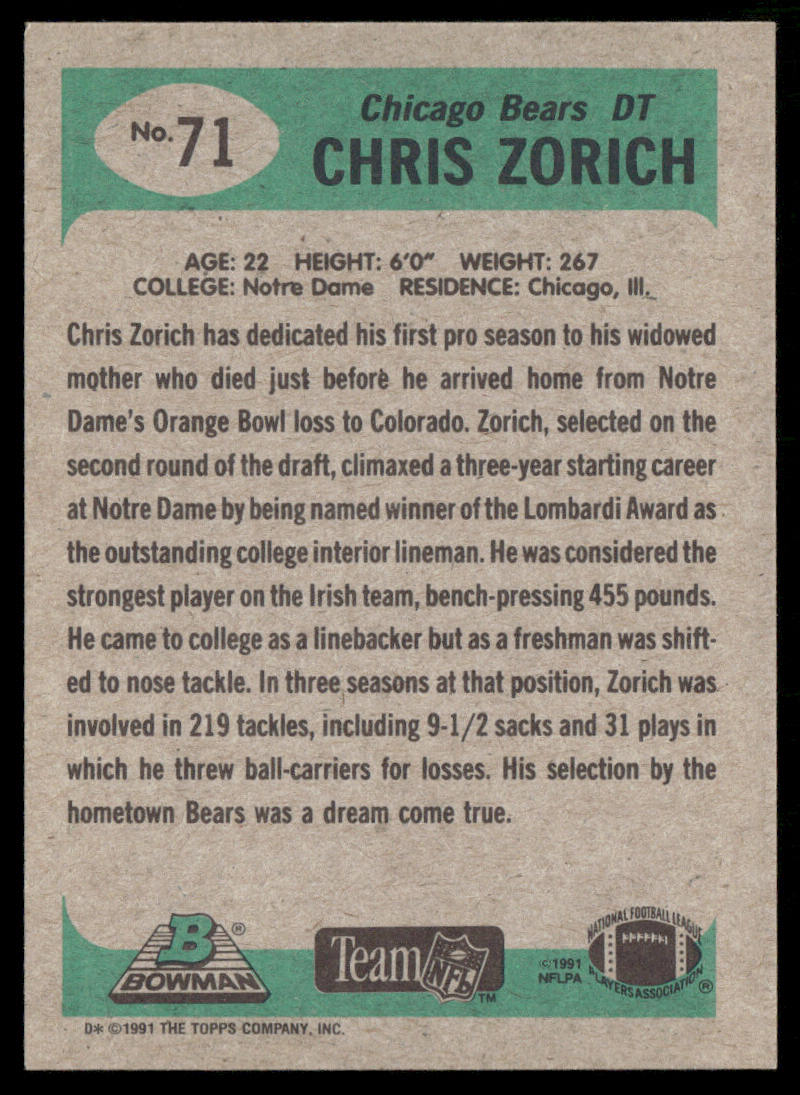 Chris Zorich 1991 Bowman #71 RC Chicago Bears