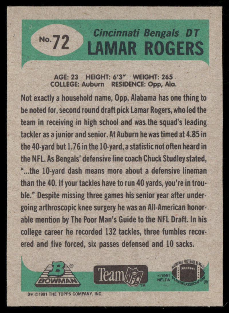 Lamar Rogers 1991 Bowman #72 RC Cincinnati Bengals