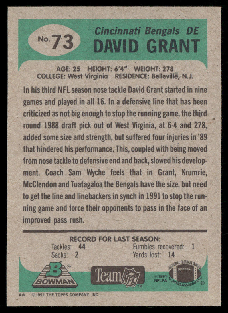 David Grant 1991 Bowman #73 Cincinnati Bengals