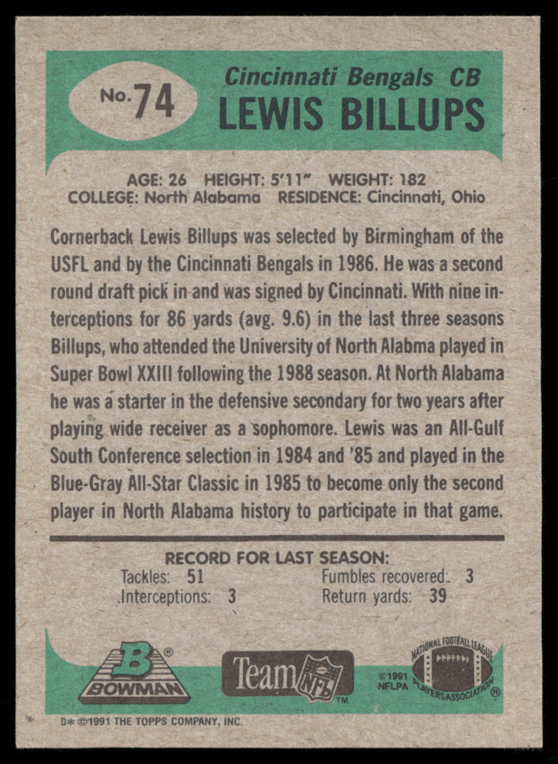 Lewis Billups 1991 Bowman #74 Cincinnati Bengals