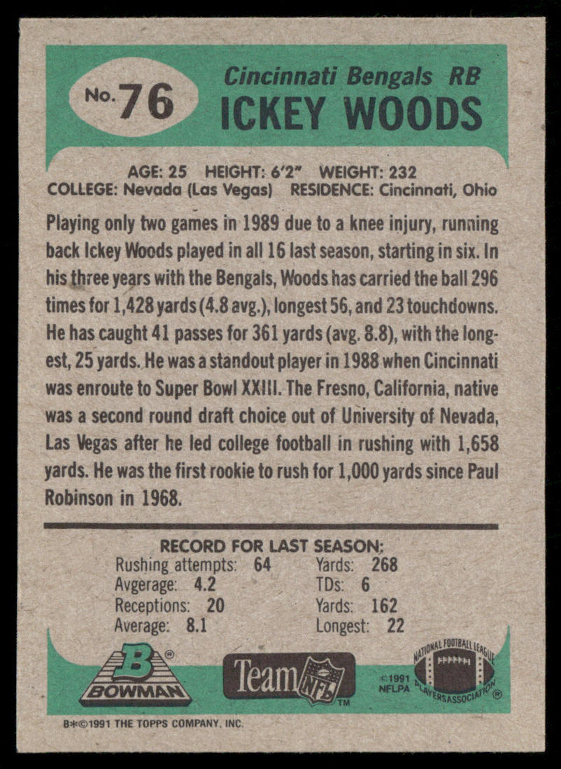 Ickey Woods 1991 Bowman #76 Cincinnati Bengals