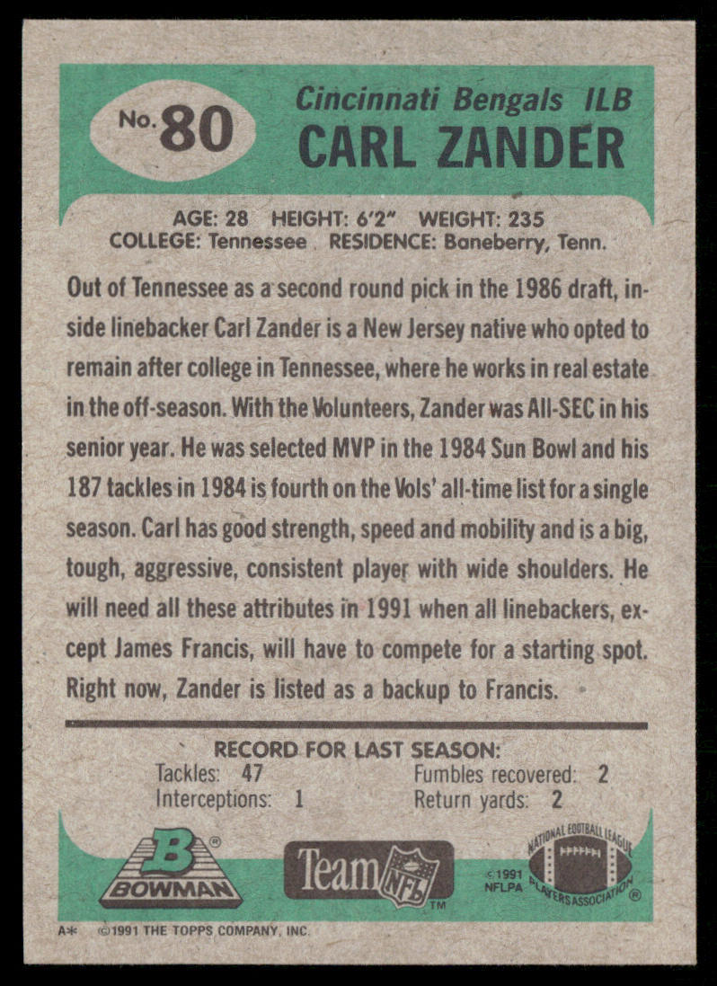 Carl Zander 1991 Bowman #80 Cincinnati Bengals