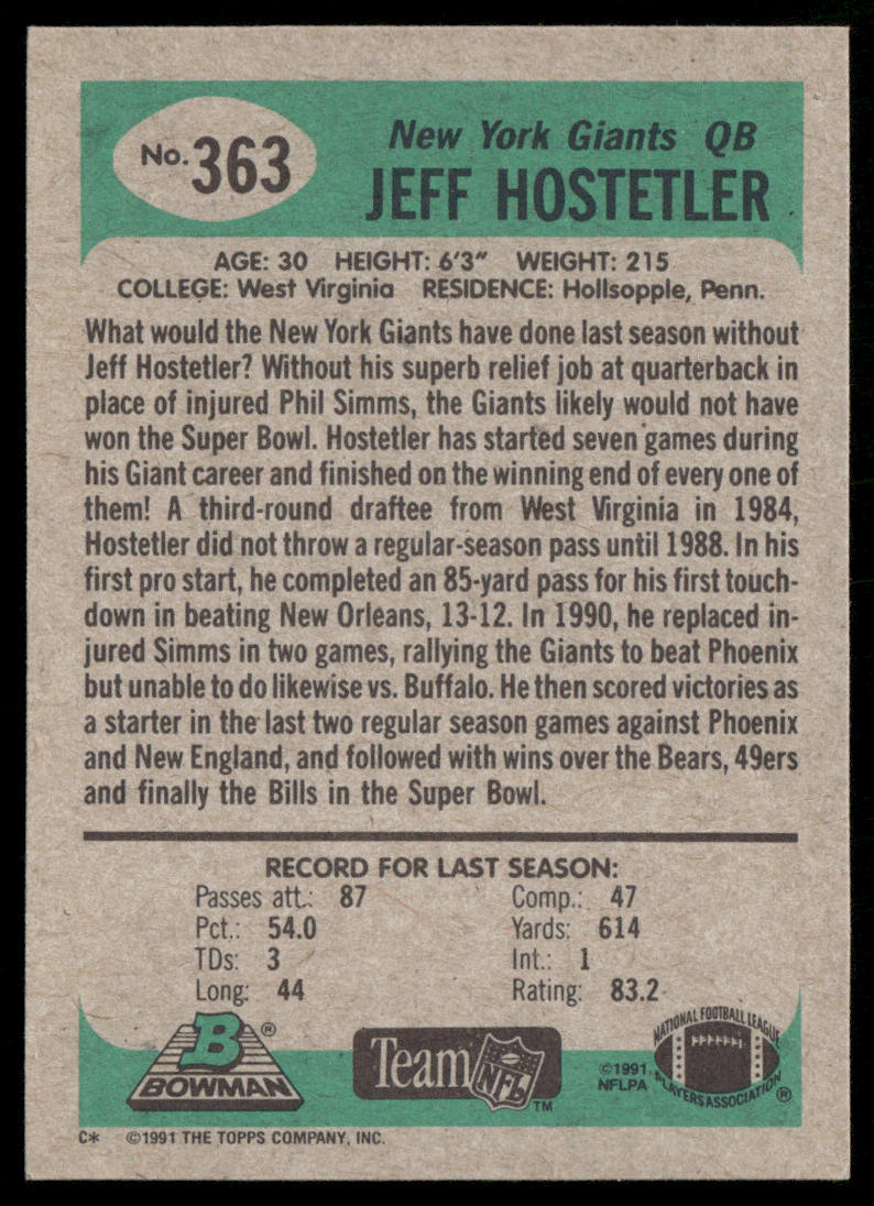 Jeff Hostetler 1991 Bowman #363 New York Giants