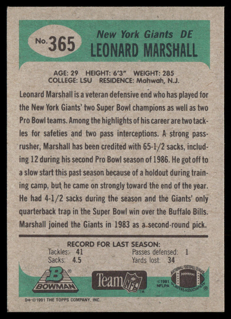 Leonard Marshall 1991 Bowman #365 New York Giants