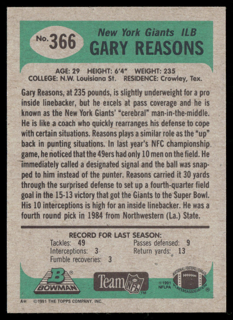 Gary Reasons 1991 Bowman #366 New York Giants