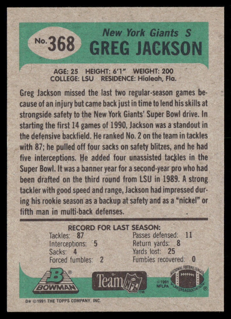 Greg Jackson 1991 Bowman #368 RC New York Giants