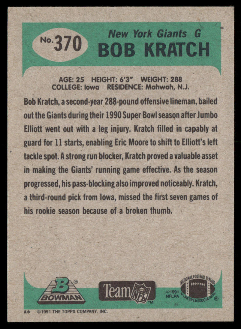 Bob Kratch 1991 Bowman #370 RC New York Giants